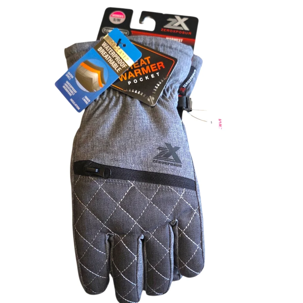 ZeroXposur Size Small-Medium Gray Insulated Winter Gloves Heat Warmer Pocket NWT